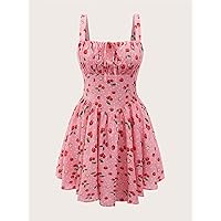 Women's Dress Polka Dot & Cherry Print Ruched Bust Tie Front Cami Dress Women's Dress (Color : Pink, Size : X-Large)