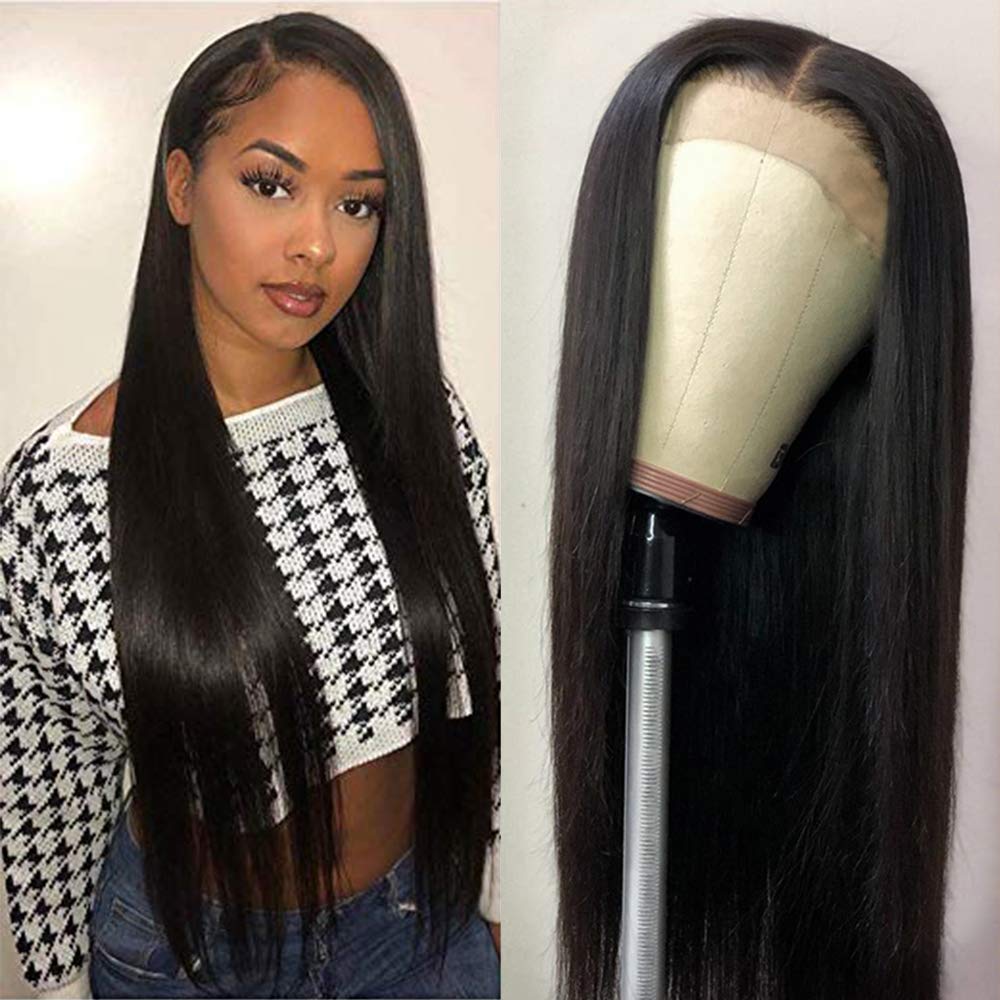 Muokass 4x4 HD Lace Closure Wigs Human Hair 180% Density Straight Brazilian Virgin Hair Lace Front Wigs Human Hair Wigs For Black Women Human Hair Glueless Wigs Human Hair Pre Plucked With Elastic Bands Natural Color 26 Inch