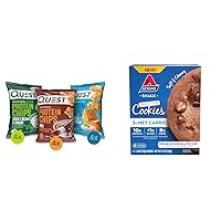Quest Nutrition Protein Chips & Atkins Double Chocolate Chip Protein Cookies Variety Bundle, (BBQ, Cheddar & Sour Cream, Sour Cream & Onion) Chips (12 Count) & (4 Count) Cookies