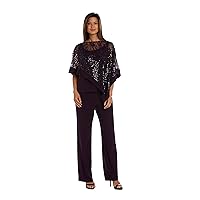 R&M Richards Plus Size Poncho Formal Pant Suit| Sleeveless, Sheer Sparkling Angled Poncho with an Attached Tank Liner