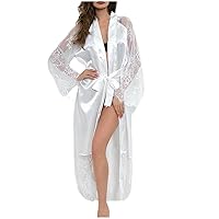 Sexy Floral Lace Mesh Kimono Lingerie Robe for Women Long Satin Belted Long Sleeve Bathrobe Bride Wedding Nightgown