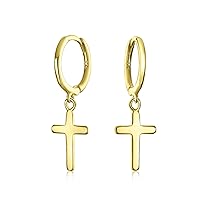 Classic Simple Cuff Drop Dangle Religious Cross Earrings For Women Teen Lever Back Fish Hook Gold Plated .925 Sterling Silver