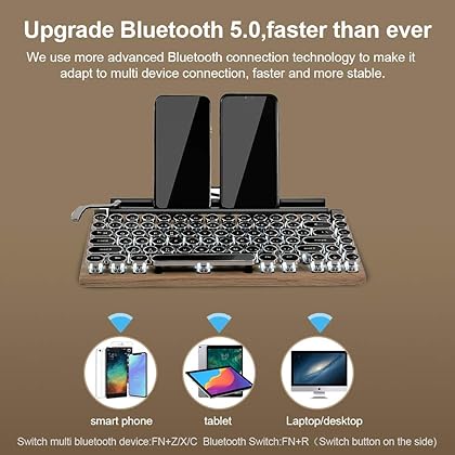 7KEYS Retro Typewriter Keyboard, Electric Typewriter Vintage with Upgraded Mechanical Bluetooth 5.0,Multi Devices Connection Classical Wooden,Punk Round Keys for Desktop PC/Laptop Mac/Phone
