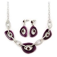Avalaya Geometric Chain Necklace & Drop Earrings Set in Purple Enamel Finish/Silver Tone/ 38cm L/ 6cm Ext