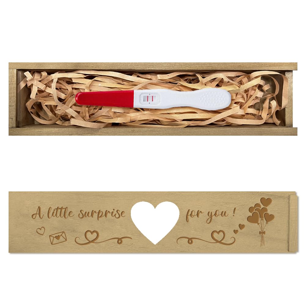CHGCRAFT Pregnancy Wooden Announcement Gifts Pregnancy Test Keepsake Box with Slide Cover Love Hollow Box to Husband Grandparents Parents, 8x2x1.2inch