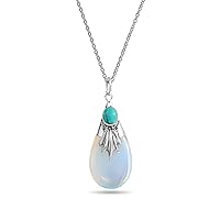 Western Jewelry Tribal Style Blue Turquoise Fan Pear-shaped Transcalent Opalite Teardrop Pendant Necklace For Women Teens .925 Sterling Silver