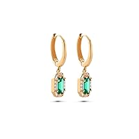 Emerald Earrings, 14K Real Gold Emerald Earrings, Hoops Earrings, Dainty initial Emerald Earrings, Minimalist Gold Wedding Earrings