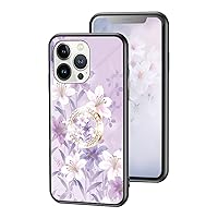 for iPhone 14 13 12 11 8 7 X XS XR Plus Pro Max Glossy Slim Bumper, Exquisite Flowers Tempered Glass Phone case with Bling Rhinestones Finger Ring Holder for Women Girls(Purple,14 Pro max)