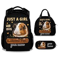 Custom Guinea Pig Backpack with Lunch Box - Set of 3 School Backpacks Matching Combo for Girls - Funny Black Bookbag and Pencil Case Bundle