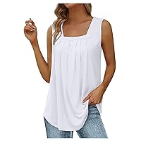 Summer Women Sexy Square Neck Sleeveless Tops Flowy Pleated Tunic Tank Tops for Loose Fit Date Night Fashion Vest