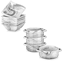 MALACASA 15 OZ Ceramic Cereal Bowls Set of 6 & 26 OZ Large Ceramic Soup Bowls With Handles, Marble Grey