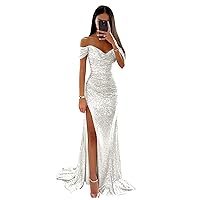 Off The Shoulder Sequin Prom Dresses for Women Sparkly Long Pleated Mermaid Formal Evening Party Gown with Slit