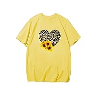 Womens Casual Dress Shirts Sleeve Print Top Women Heart T-Shirt O-Neck Sunflower Short Blouse Casual Loose WOM