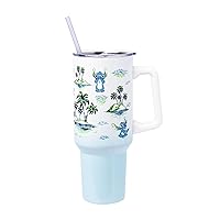 Silver Buffalo Disney Lilo and Stitch Vintage Sketch Palm Trees and Flowers Stainless Steel Tumbler with Handle and Straw, Fits in Standard Cup Holder, 40 Ounces
