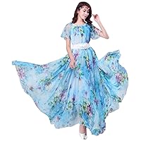 MedeShe Women's Summer Floral Long Beach Maxi Dress Lightweight Sundress (Watery Blue Floral Short Sleeve, Large)
