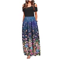 Maxi Dress for Women Fashion Smocked Flowy Casual High Waist Long Dress Elegant Floral Sexy Cold Sleeve Summer Dress