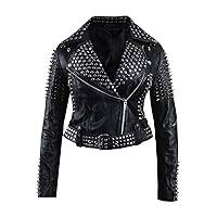 LP-FACON Womens Britney Spikes Brando Biker Vintage Motorcycle Studded Black Leather Jacket