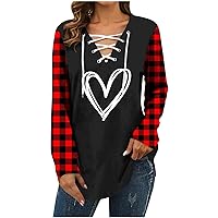 Women Buffalo Plaid Long Sleeve Tunic Tops Love Heart Graphic Valentine's Day Shirts Drawstring Lace-Up V Neck Tees