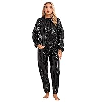 Women Sauna Suit Men Shiny Long Sleeve Top Trousers PVC Outfit Weight Loss Sweat Suit Sports Exercise Gym Tracksuit