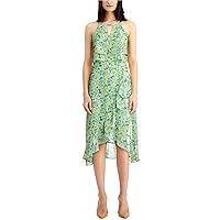 kensie Womens Green Floral Sleeveless V Neck Below The Knee Fit + Flare Dress 0