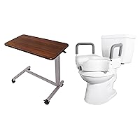Vaunn Medical Adjustable Overbed Table with Wheels and Raised Elevated Toilet Seat Riser with Padded Grab Bars Bundle