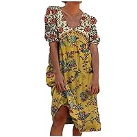 Women's Casual Loose-Fitting Summer Swing V-Neck Trendy Glamorous Dress Beach Print Flowy Short Sleeve Knee Length Yellow