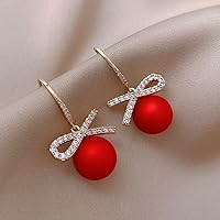 Korean Crystal Ribbon Red Ball Earring for Women Fashion Bow Tie Drop Earrings Lady Elegant Party Jewelry Gift
