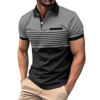 Overstock Deals Men's Casual Striped Polo Shirts Classic Button Basic Short Sleeve Shirt Printed Cotton Tees Golf Stylish Tops with Pocket Gray