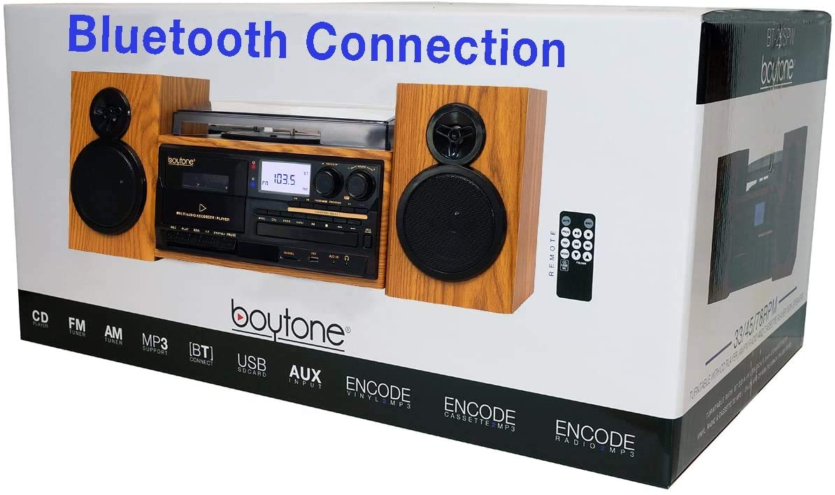 Boytone BT-28SPW, Bluetooth Classic Style Record Player Turntable with AM/FM Radio, CD/Cassette Player, 2 Separate Stereo Speakers, Record from Vinyl, Radio, and Cassette to MP3, SD Slot, USB, AUX.