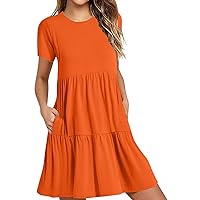 Lightening Deals Women Tiered Mini Dresses with Pockets, Short Sleeve Crewneck T Shirt Dress Summer Casual Swing A-Line Dresses Vestidos De Mujer Orange