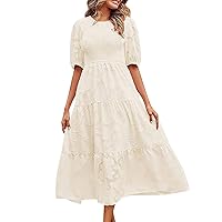 XJYIOEWT Corset Prom Dress,2023 Summer Women's Round Neck Pleated Puff Sleeve Layered Floral Dress Long Sleeve Midi Dres