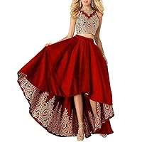 Women's Hi-Low Formal Dresses Satin Lace A-Line Two Piece Prom Dresses with Pockets Red