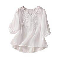 Women Half Sleeve Tops Casual Cozy Crewneck Blouses Embroidery Summer Loose T-Shirt Comfy Linen Holiday Tunic