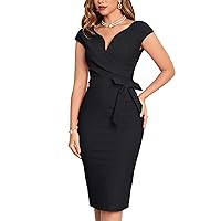 MUXXN Women's Vintage 1950s Style Wrap V Neck Tie Waist Formal Cocktail Dress