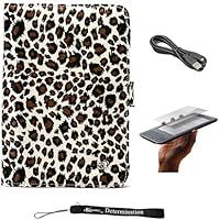 Leopard Print on Premium Nylon Flip Portfolio Protection Cover Case for Amazon Kindle 3 (WiFi 3rd Generation) and Anti Glare Screen Protector Guard Includes a USB Data Sync Cable for Kindle 3