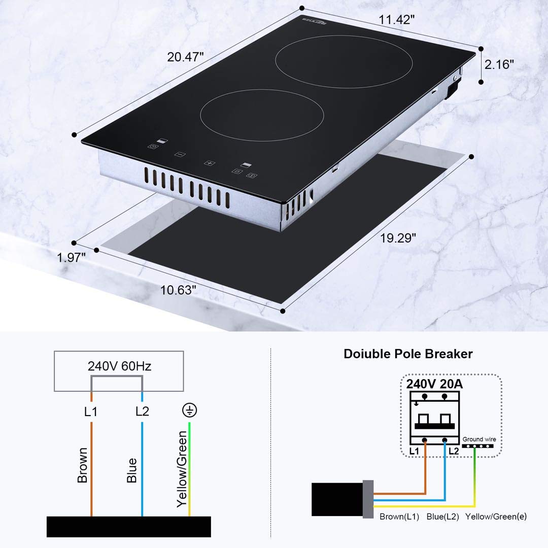Electric Cooktop, EZUUZE 2 Burner Electric Cooktop,12 Inch Electric Stove Built in, Safety lock, 9 Heating Level, Residual Heat Warning, Sensor Touch Control, 240V Ceramic Cooktop