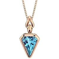 PEORA Swiss Blue Topaz Pendant for Women 14K Rose Gold, Natural Gemstone Birthstone 3 Carats Chevron Cut, with 18 inch Rose-tone Chain