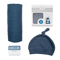 lulujo Birth Announcement Hat & Swaddle Blanket Set| Unisex Softest Bamboo Viscose Muslin Baby Swaddle Blanket| Receiving Blanket | 47in x 47in| Navy