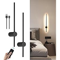 Battery Operated Wall Sconce Set of Two, USB Rechargeable LED Wall Lights with Remote Control, Dimmable Cordless Wall Lamp Indoor, 360° Rotation Reading Lamp for Living Room, Bedroom, Black - 23.62in