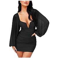 L'VOW Women's Sexy Ruched Plunge V Neck Bodycon Backless Mesh Puff Long Sleeve Mini Club Pencil Dress Partywear