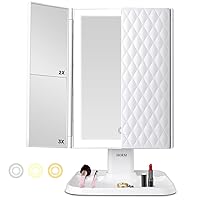 Makeup Mirror Vanity with Lights - 3 Color Lighting Modes 72 LED Trifold Mirror, 1x/2x/3x Magnification, Touch Control Design, Portable High Definition Cosmetic Lighted Up White (JING-007)