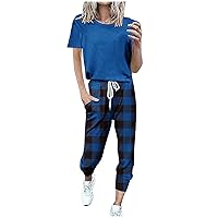 Summer 2 Piece Outfits Women Fashion Lounge Sets Solid Short Sleeve Crewneck Tops & Plaid Print Sweatpant Tracksuits