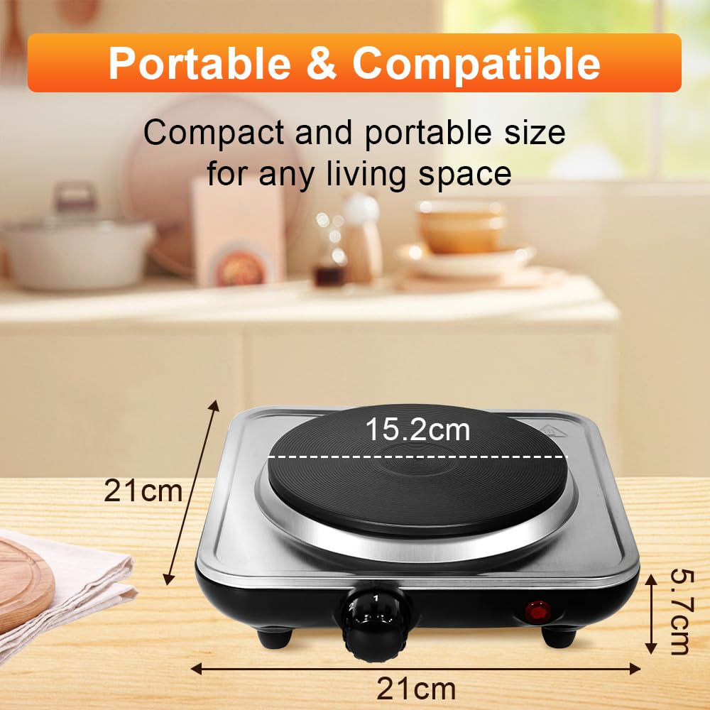 Uten Electric Countertop Single Burner, 1000W Cooktop with 8.26 Inch Cast Iron Hot Plate, 5 Level Temperature Control, Compact Cooking Stove and Easy to Clean Stainless Steel Base, Silver
