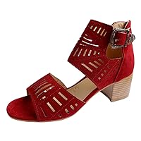Chunky Red Heels for Women Open Toe Casual Daily Work Party Beach Shoes