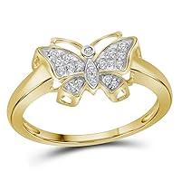 The Diamond Deal 10kt Yellow Gold Womens Round Diamond Butterfly Bug Cluster Ring 1/12 Cttw