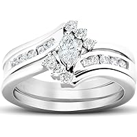 Thegoldencrafter 1/2 Ct Marquise & Round Cut White Diamond Engagement Trio Wedding Ring Set for Her 14K White Gold Plated 925 Silver