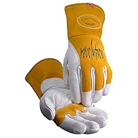 Caiman Premium Cow Grain MIG/Stick Welding Gloves, Two-Layer Back Insulation, Unlined, Large Pulse Protector, Kevlar, Kontour, White/Gold, Large (1810-5)