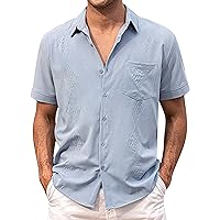 Mens Cuban Shirts, Short Sleeve Button Down Hawaii Beach Shirts Big Tall Summer Casual Bowling Guayabera Linen Shirts