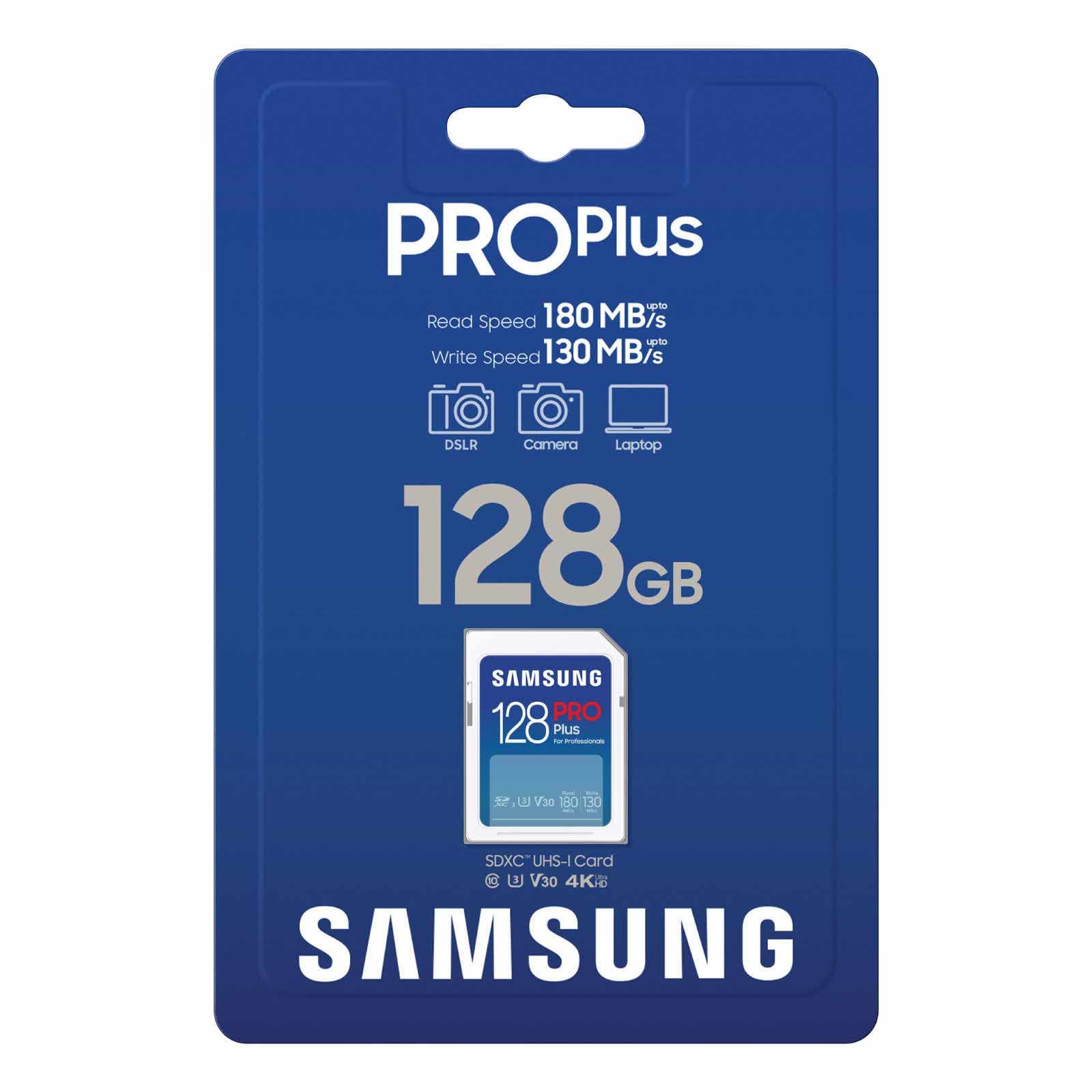 SAMSUNG PRO Plus Full Size 128GB SDXC Memory Card, Up to 180 MB/s, Full HD & 4K UHD, UHS-I, C10, U3, V30 for DSLR, Mirrorless Cameras, PCs, MB-SD128S/AM, 2023