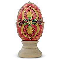 Jeweled Embossed Oriental Red Flower Wooden Easter Egg 3 Inches